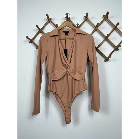 Donna Karan New York Twist Front Plunge LS Crepe Jersey Bodysuit, Toast, Size XS - Picture 4 of 10